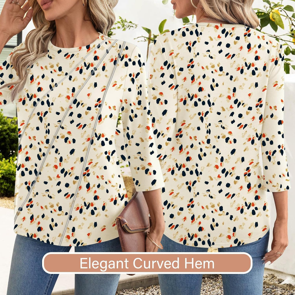 Martina Blusa Mujer – Cuello en V, Mangas 3/4, Túnica Floral Plisada Elegante