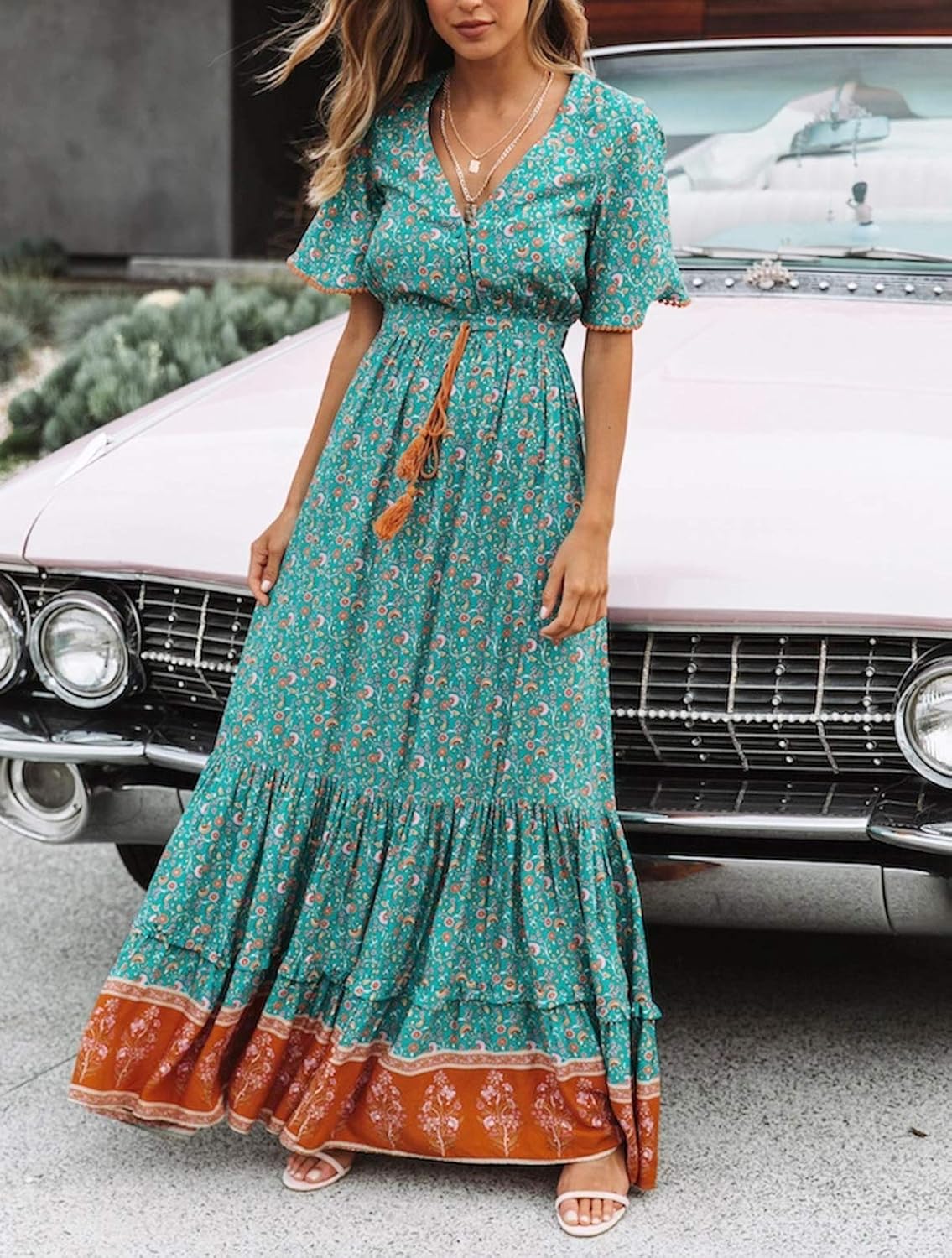 Elisa Abito Donna Maxi Boho – Scollo V Bottoni, Vestito Floreale Estivo Elegante
