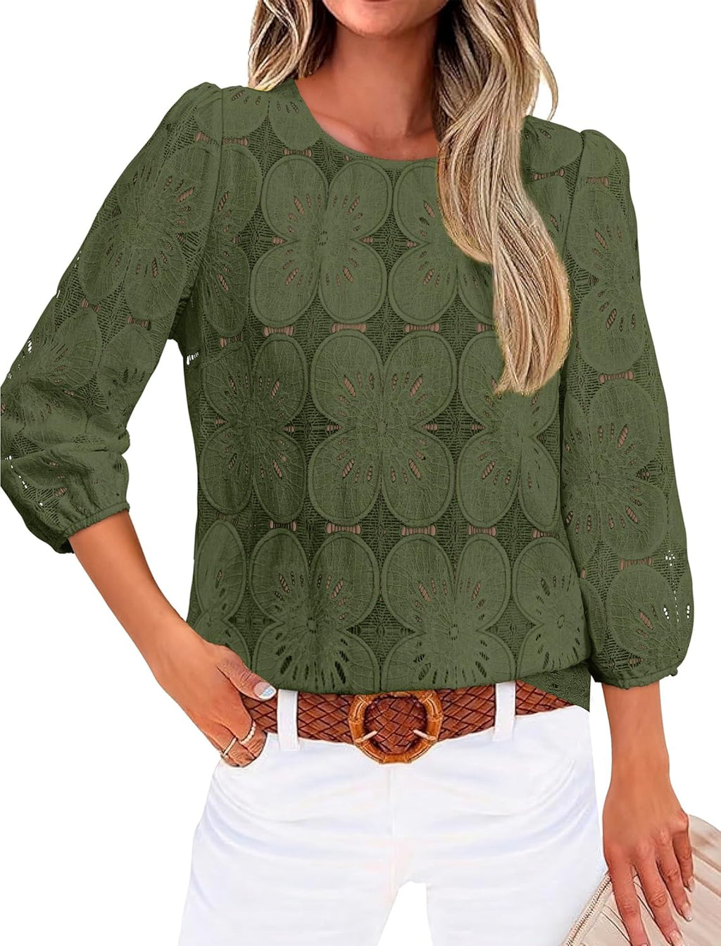 Magdalene Blouse Femme Dentelle Sangallo – Manches 3/4, Top Élégant Décontracté Estival