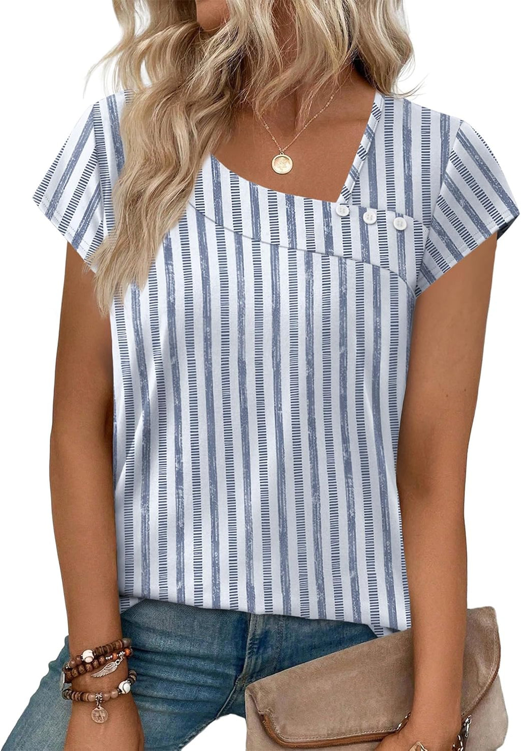 Martina Women's Top – Square Neck, Buttons, Short Sleeves, Casual Elegant