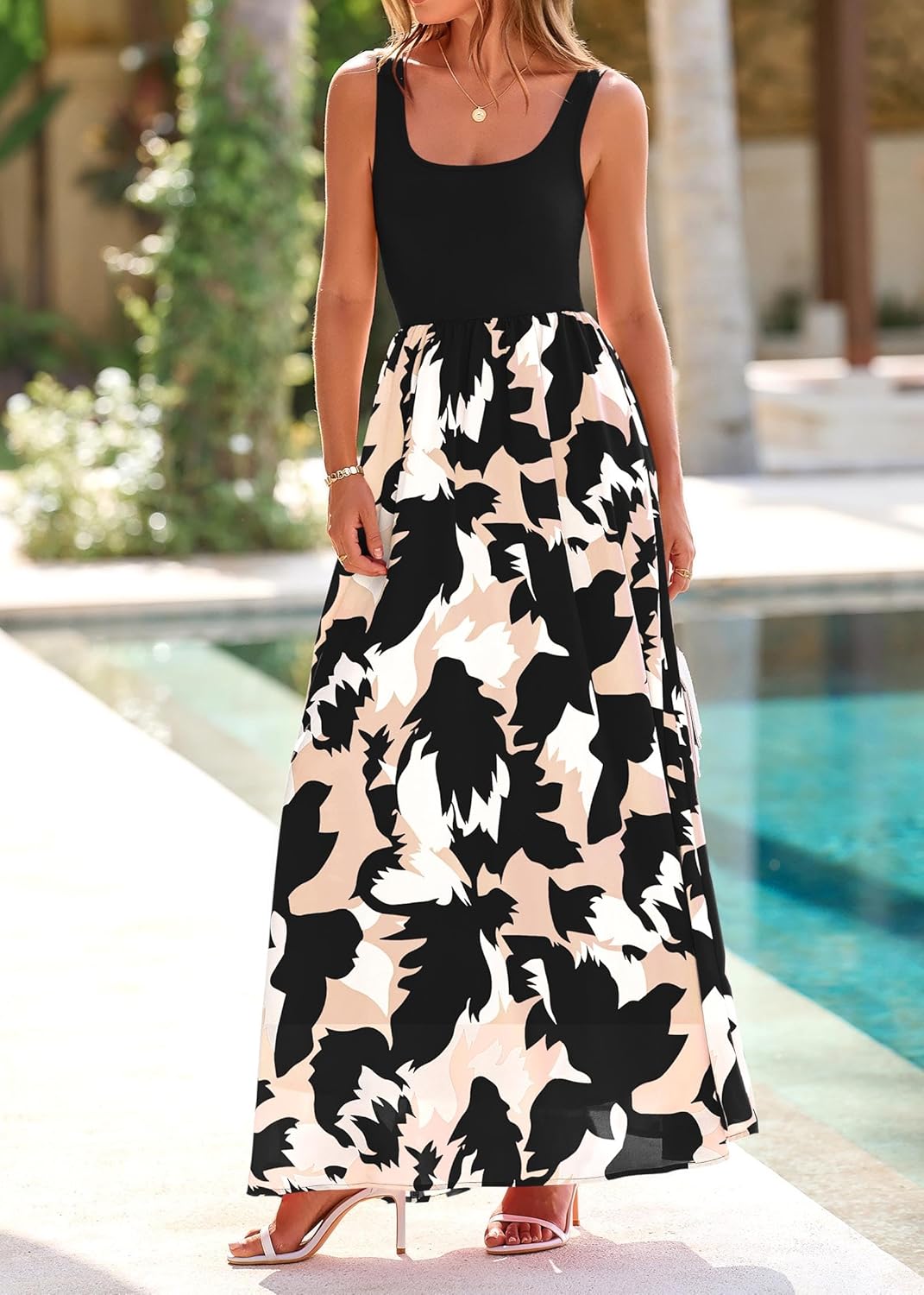 Giulia Abito Donna Maxi Floreale – Scollo U, Senza Maniche, A-Line, Tasche Estivo