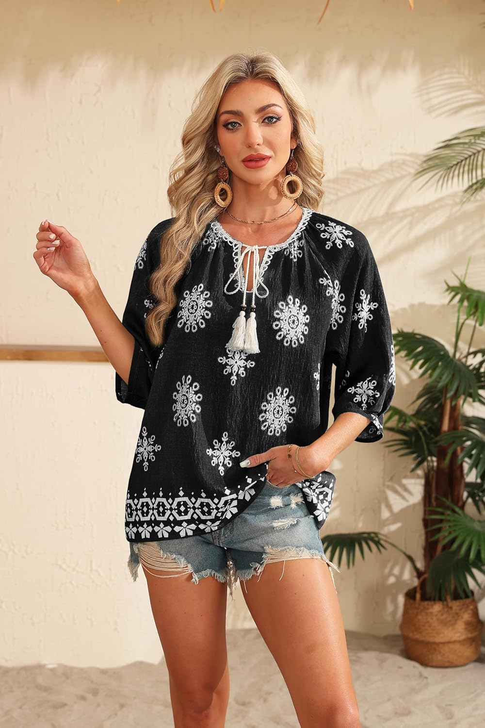 Alba Blusa Donna – Boho Floreale, Scollo V con Laccetto, Maniche 3/4 Casual