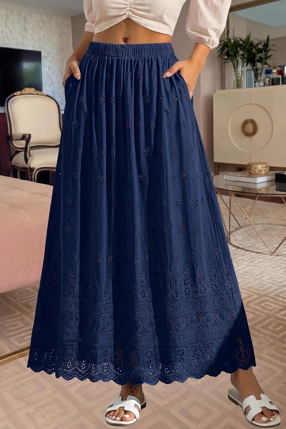 Dowerme Skirt for Women – Boho Maxi Cotton Skirt with Sangallo Embroidery