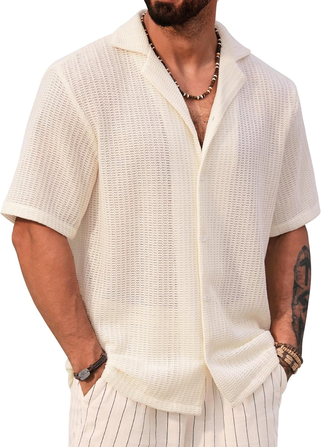 Lorenzo Camicia Crochet Uomo – Camicia Estiva in Maglia Traforata Stile Cuban