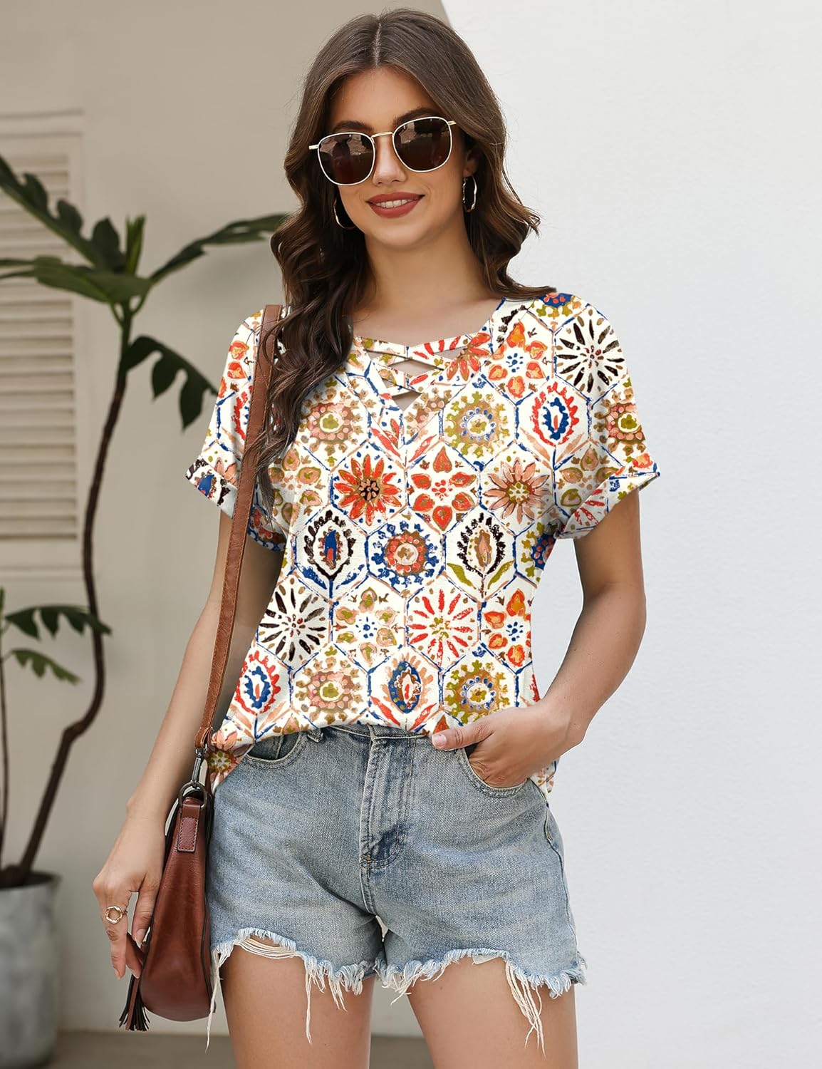 Francesca Pull Femme – Col V Croisé, Manches Courtes, Élégant Décontracté