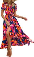 Madriana Women's Maxi Floral Dress – V-Neck, Wrap, Slit, A-Line Summer