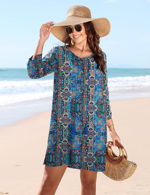 Bianca Abito Donna – Tunica Boho Floreale, Scollo V, Maniche 3/4 Casual