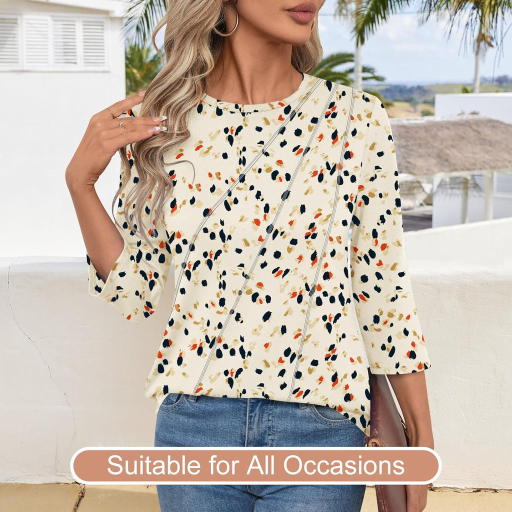 Martina Blusa Mujer – Cuello en V, Mangas 3/4, Túnica Floral Plisada Elegante