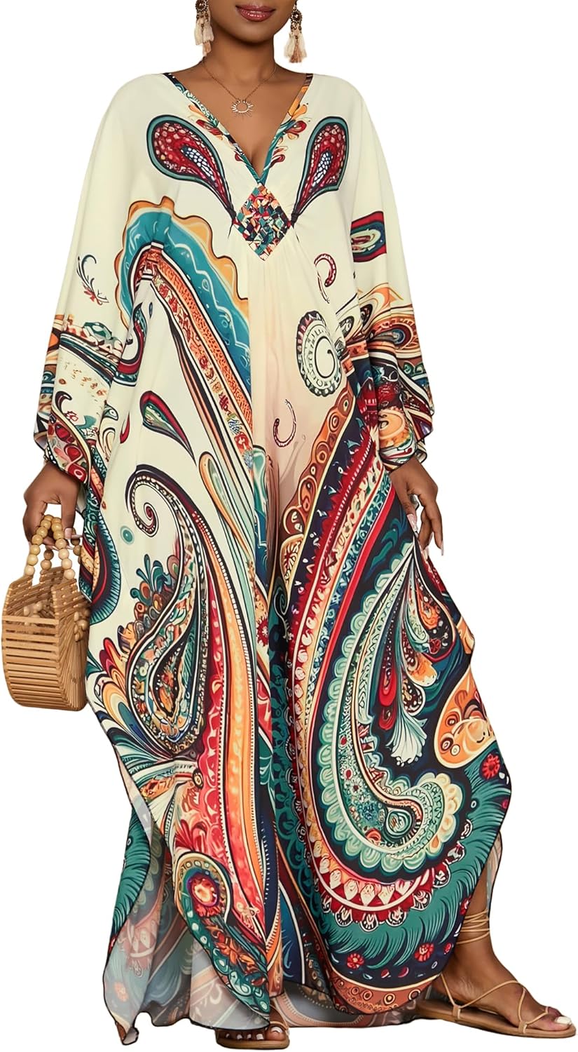 Amina Kaftano Donna Maxi – Stampa Etnica, Maniche Pipistrello, Tasche Mare