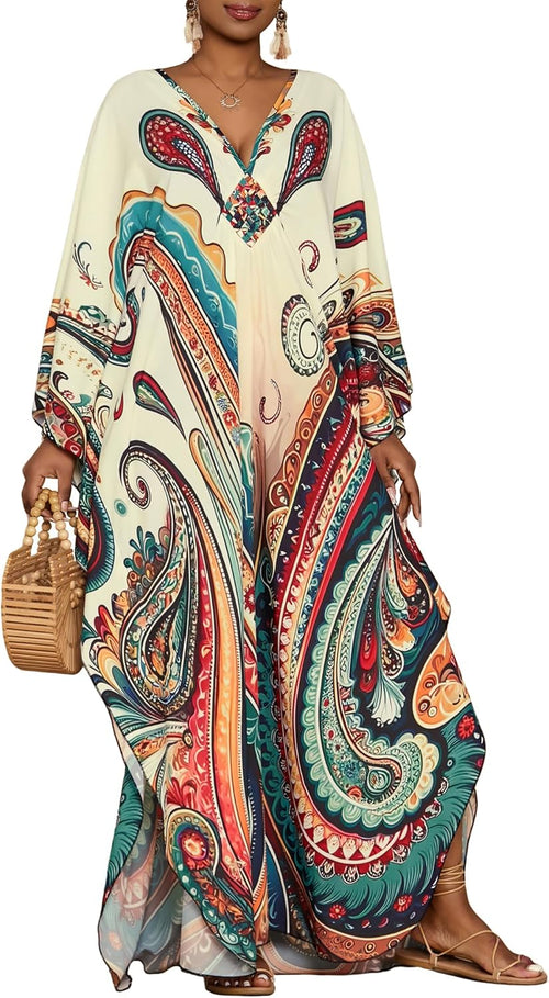 Amina Kaftano Donna Maxi – Stampa Etnica, Maniche Pipistrello, Tasche Mare