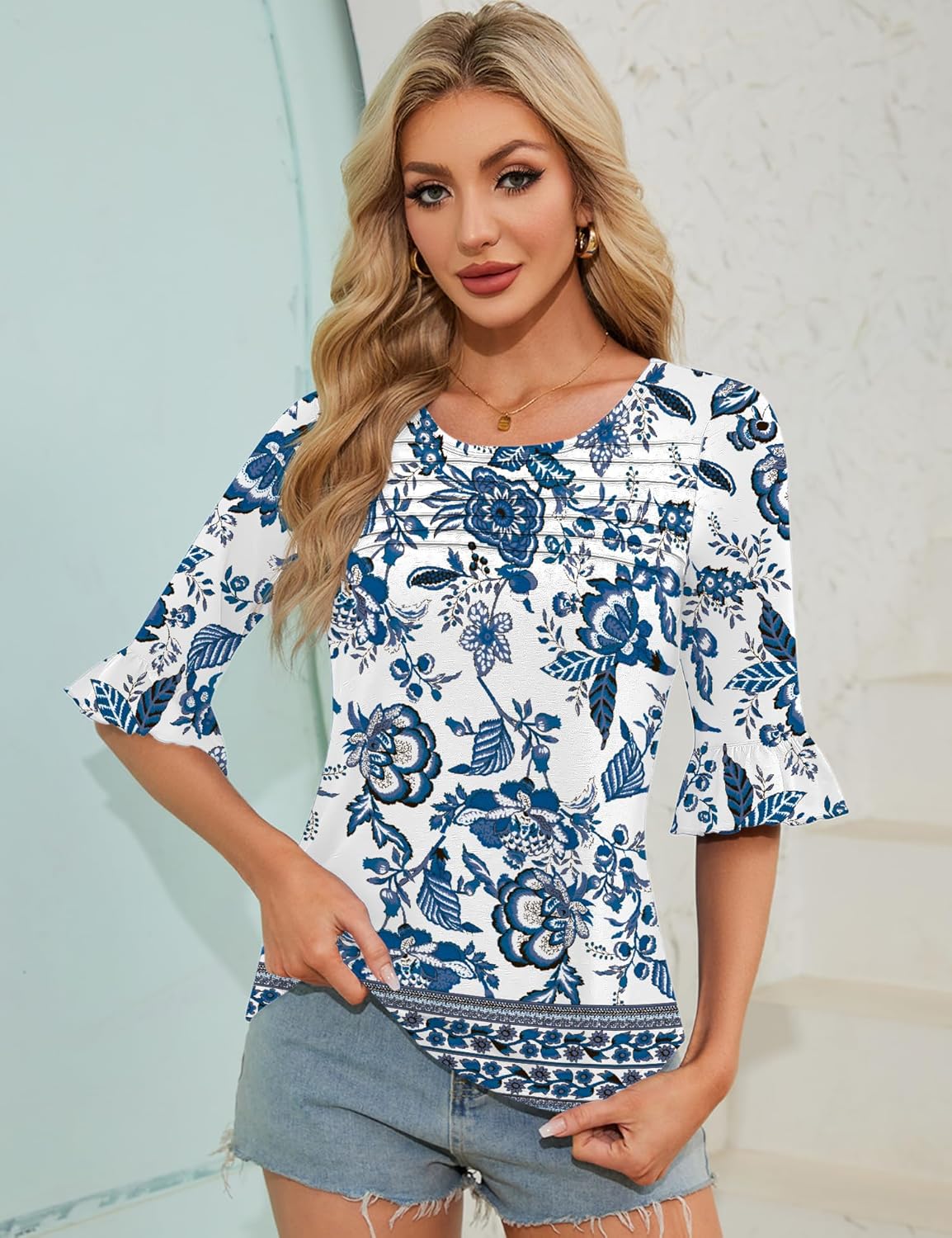 Francesca Tunica Donna – Girocollo, Maniche 3/4 Volant, Blusa Plissettata Casual