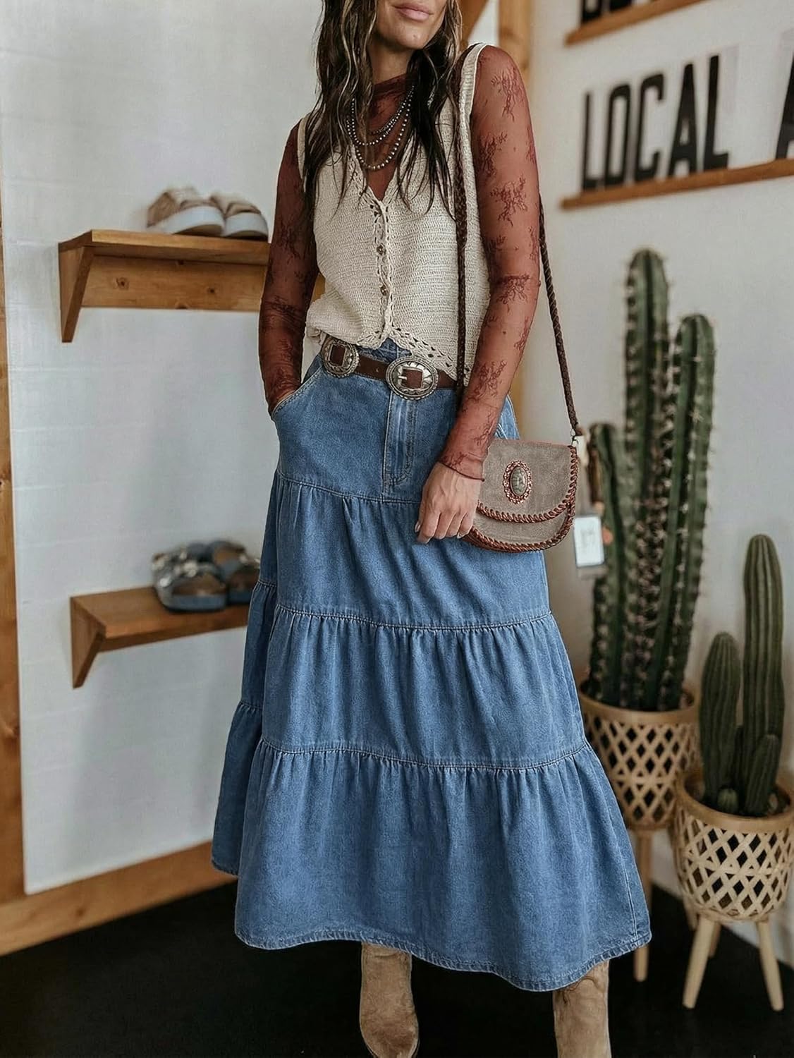 Falda larga Verna para mujer en denim – Falda larga vaquera con volantes y bolsillos