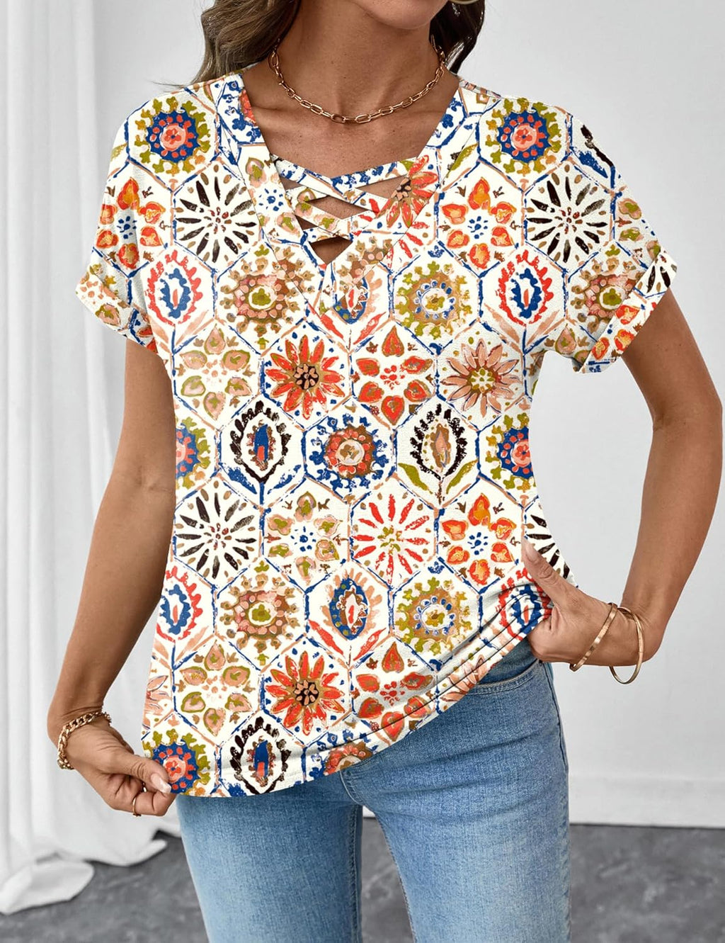 Francesca Pull Femme – Col V Croisé, Manches Courtes, Élégant Décontracté