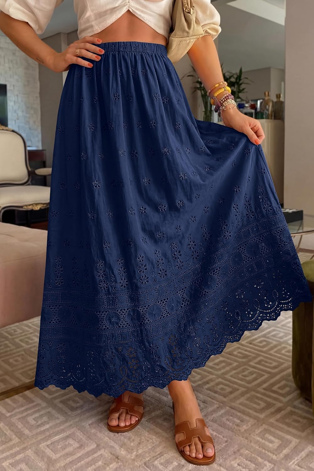 Dowerme Skirt for Women – Boho Maxi Cotton Skirt with Sangallo Embroidery