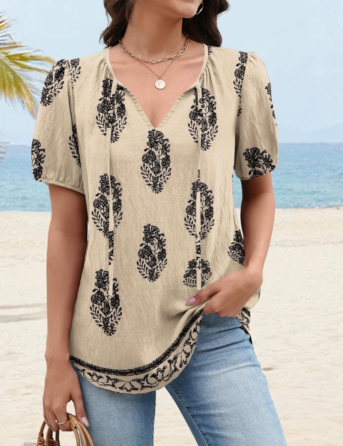 Blouse Bohème Femme Francesca – Col V avec Lien, Manches Bouffantes, Fluide Décontractée