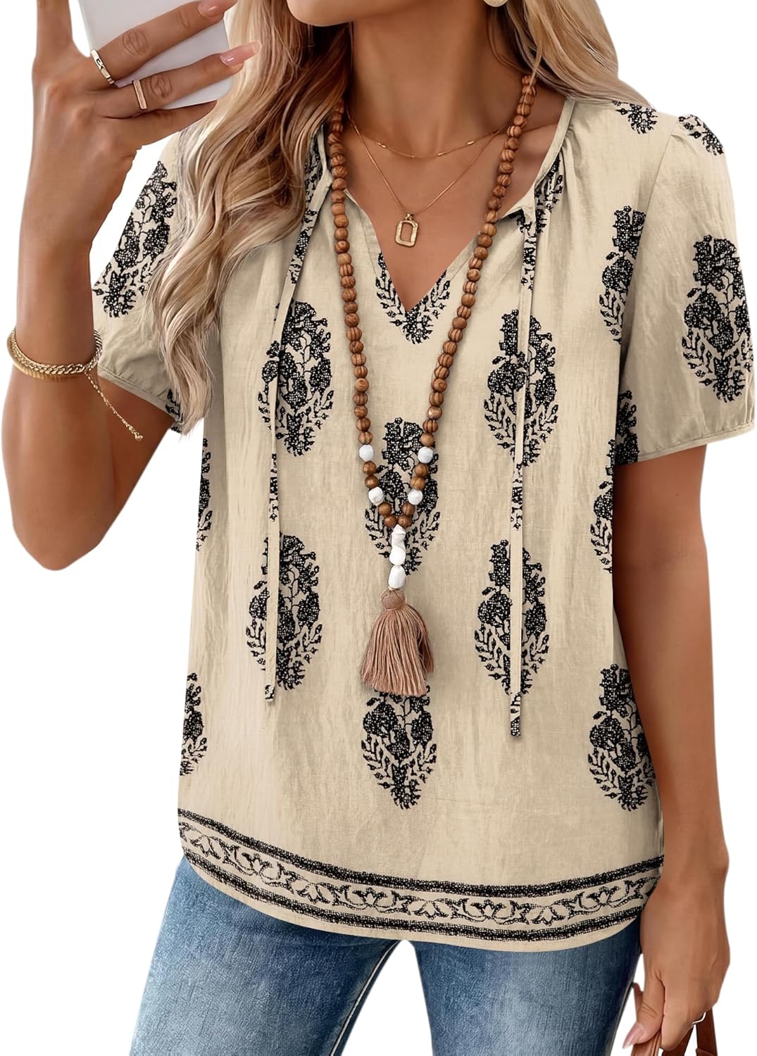 Blouse Bohème Femme Francesca – Col V avec Lien, Manches Bouffantes, Fluide Décontractée
