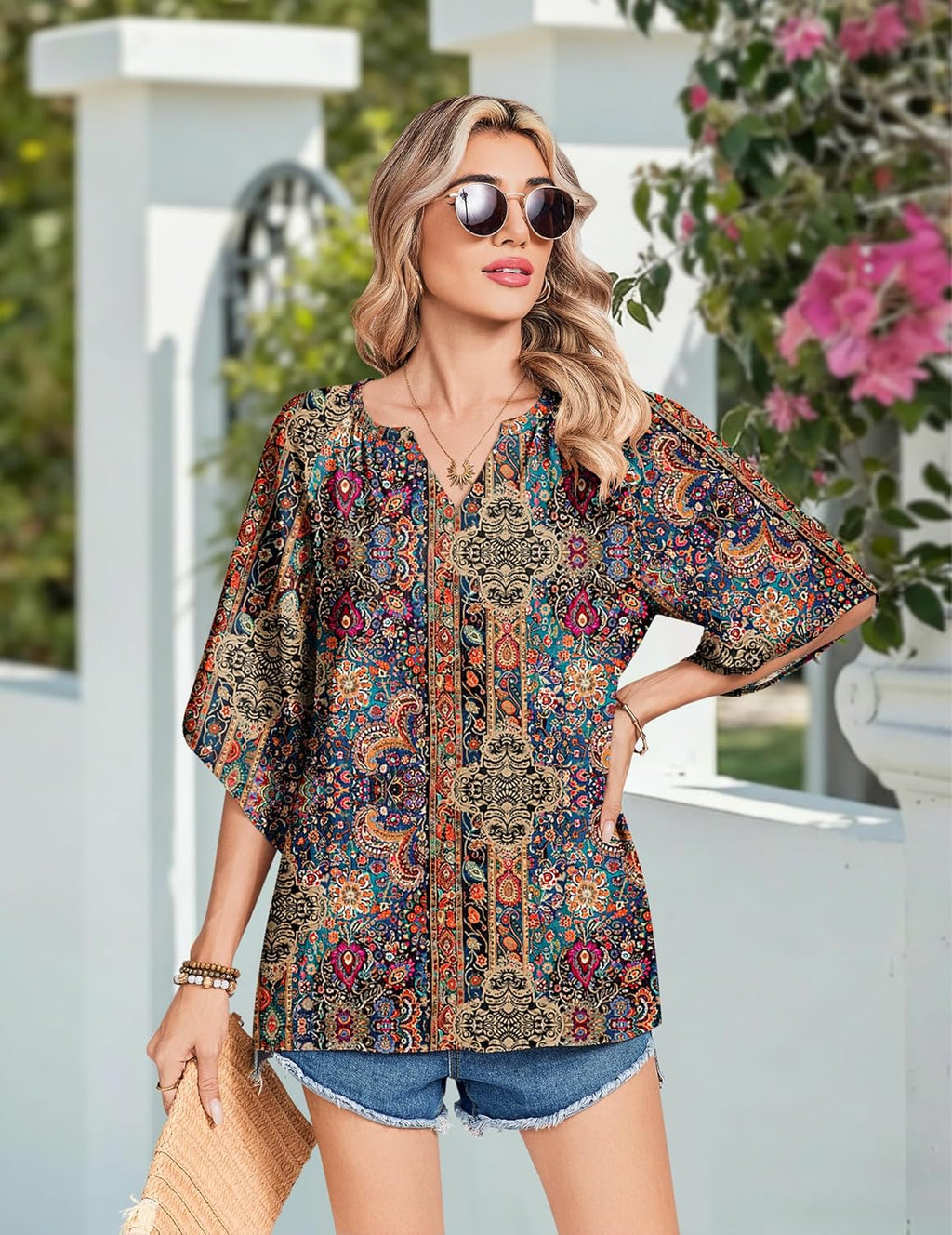 Sofia Blusa Donna – Boho Floreale, Scollo V, Maniche 3/4, Tunica Casual