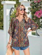 Sofia Blusa Donna – Boho Floreale, Scollo V, Maniche 3/4, Tunica Casual