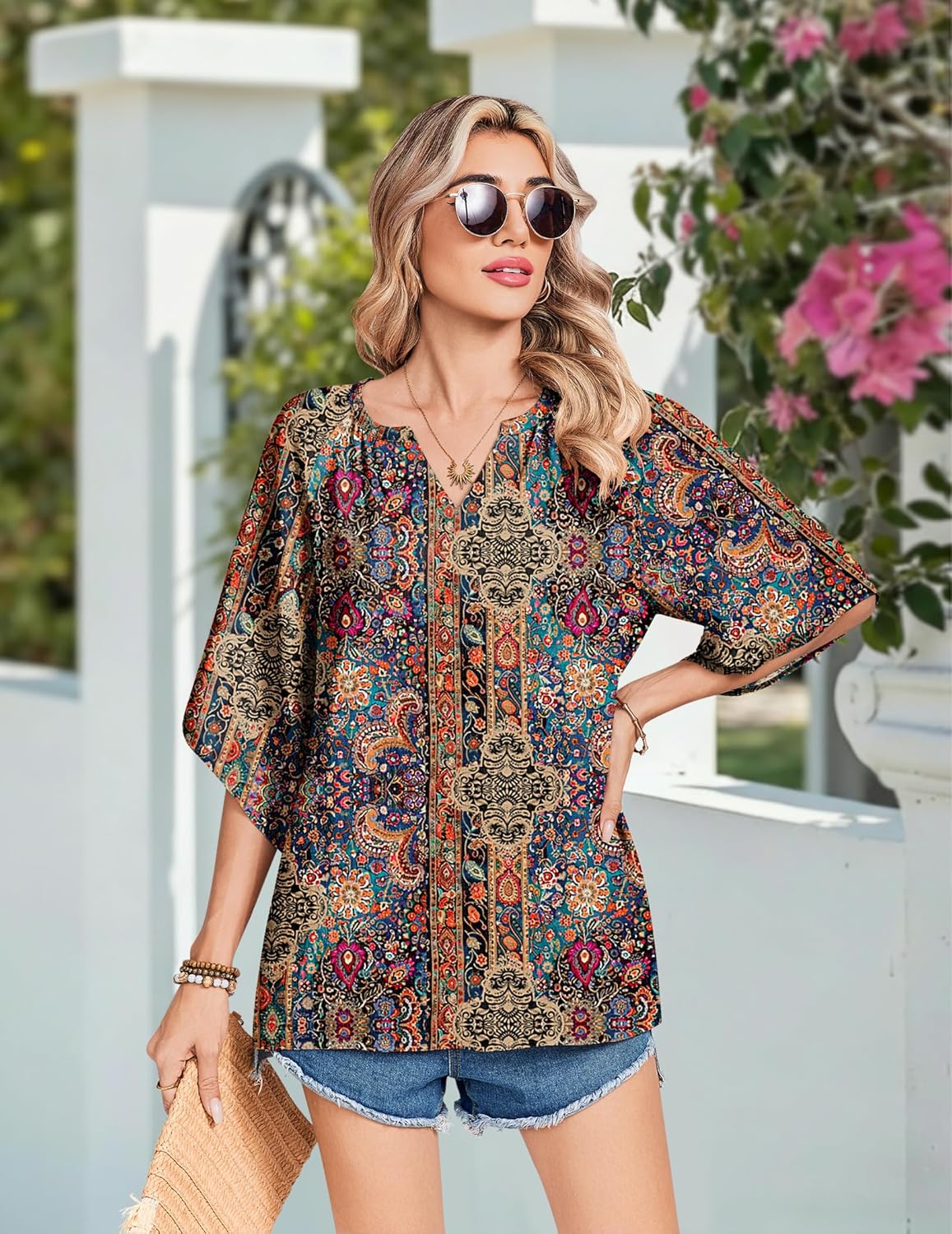 Sofia Blusa Donna – Boho Floreale, Scollo V, Maniche 3/4, Tunica Casual