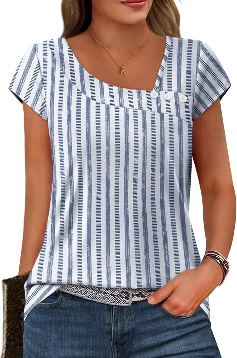 Martina Women's Top – Square Neck, Buttons, Short Sleeves, Casual Elegant