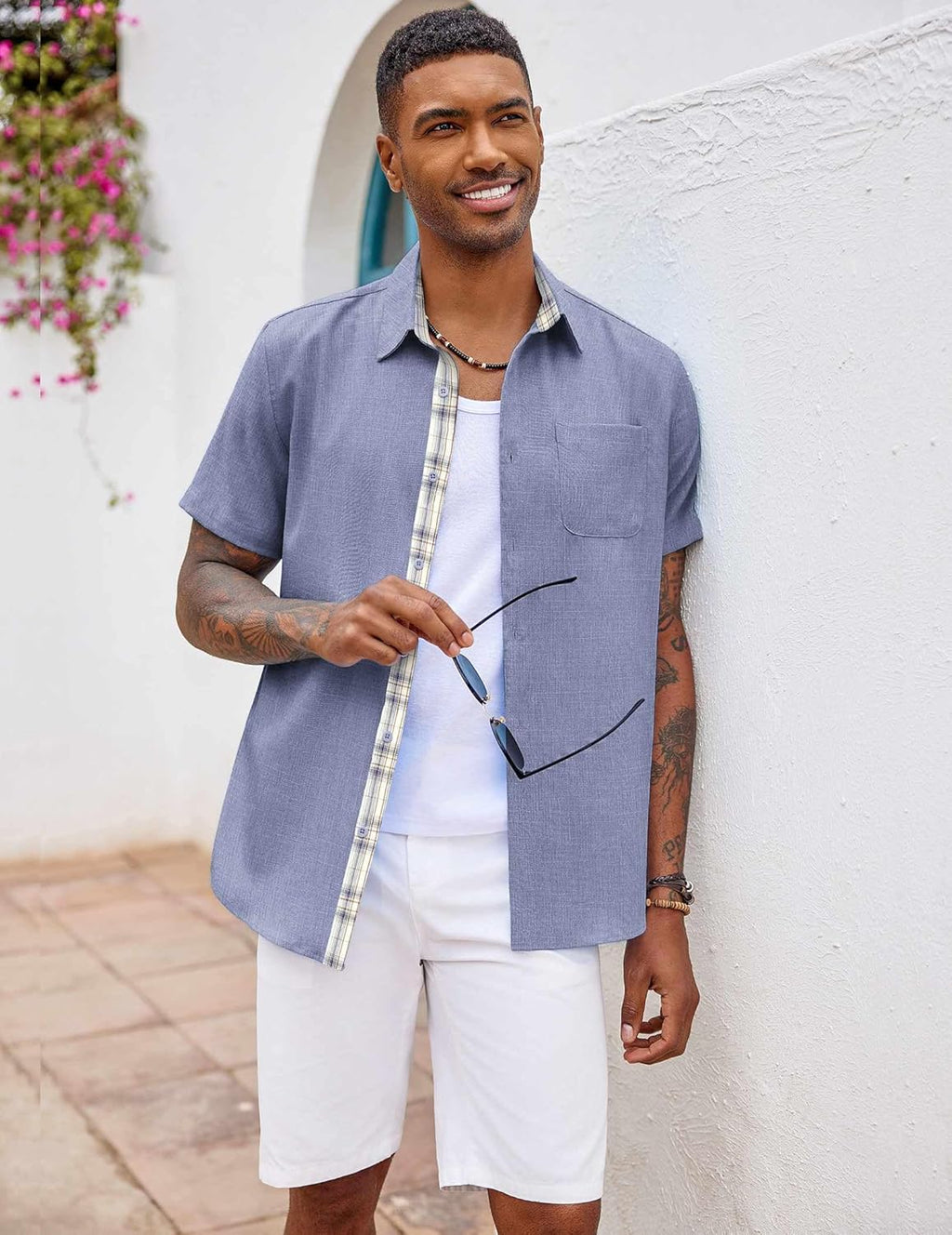 Marco Chemise Homme à Carreaux – Chemise d'Été à Manches Courtes avec Poche poitrine