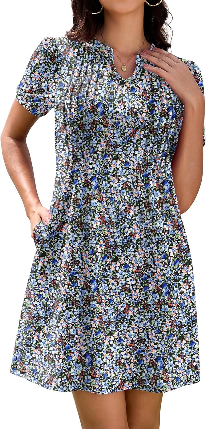 Elena Abito Donna T-Shirt – Vestito Scollo V Maniche Corte Tasche Casual Estivo