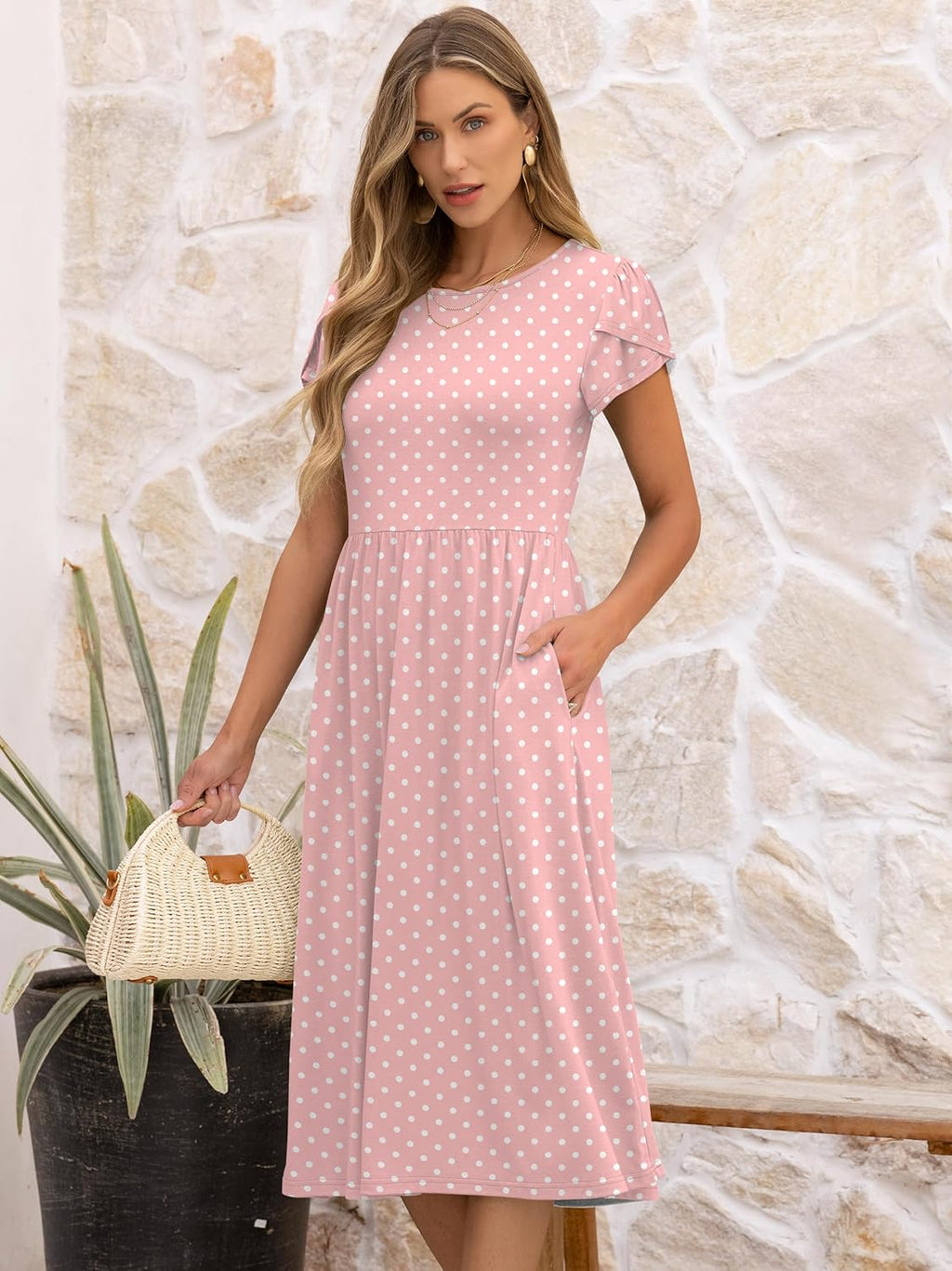 Elisa Robe Femme Midi Florale – Manches Courtes, Col Rond, Ligne A avec Poches