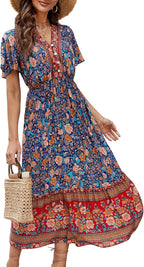 Elisa Vestito Boho Midi da Donna – Abito Estivo Floreale con Scollo V e Volant