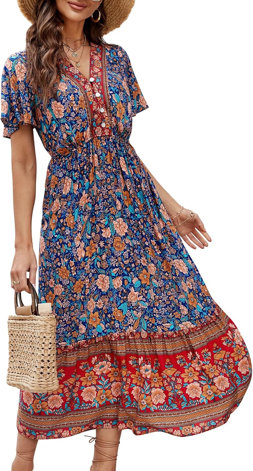 Elisa Vestito Boho Midi da Donna – Abito Estivo Floreale con Scollo V e Volant