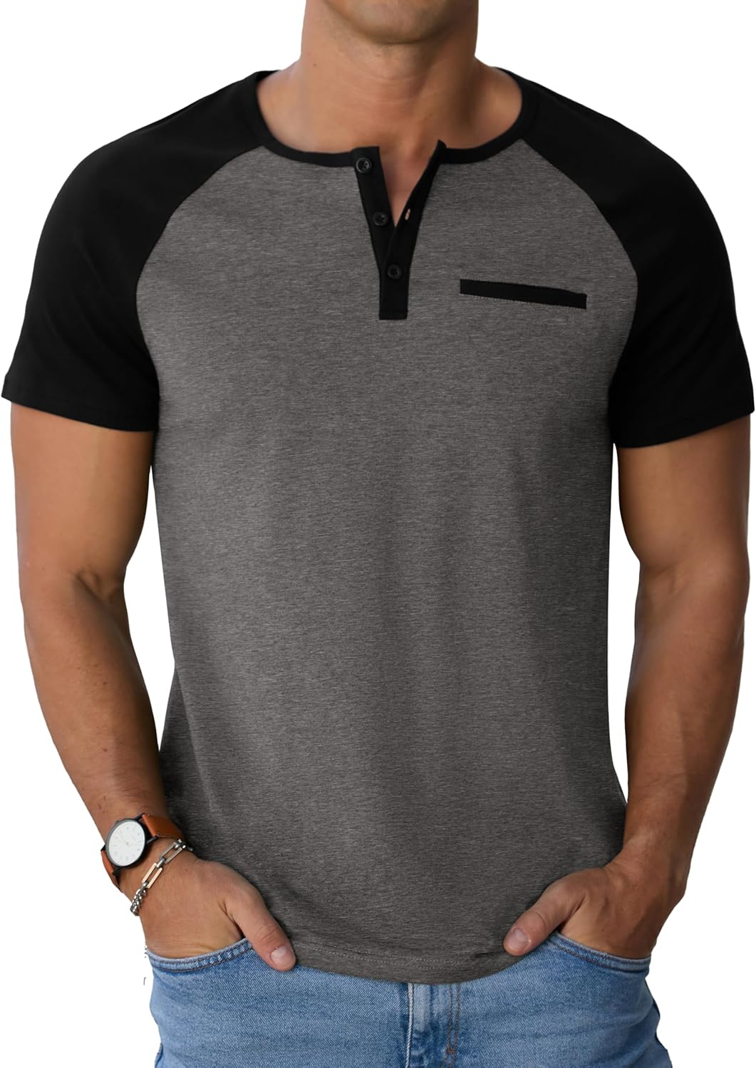 Marco T-Shirt Henley da Uomo – Maglietta in Cotone con Bottoni e Taschino