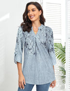 Martina Women's Blouse – V-Neck, 3/4 Sleeves, Pleated Floral Elegant Tunic