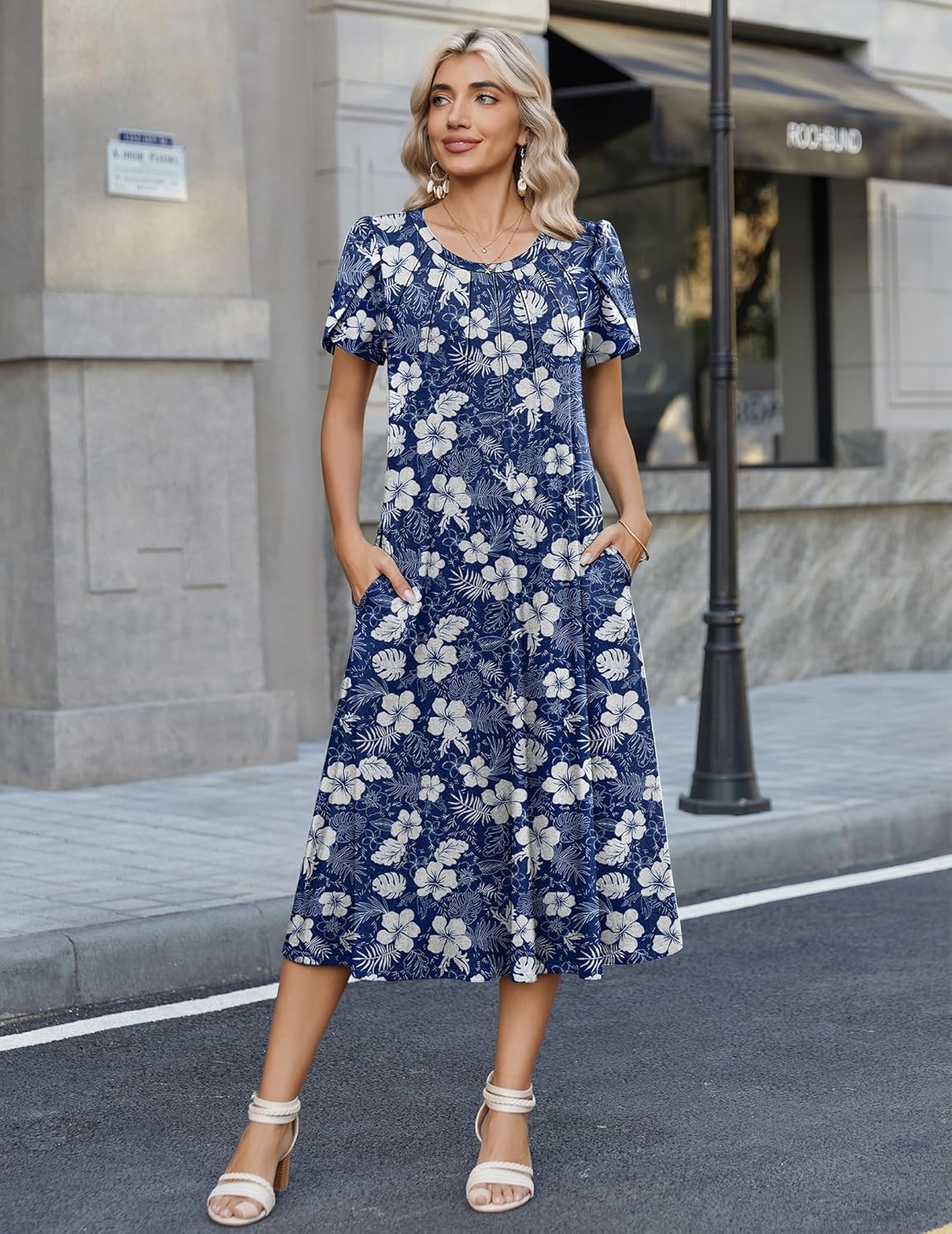 Sofia Abito Estivo Donna – Vestito Midi Floreale Casual con Tasche e Maniche Corte