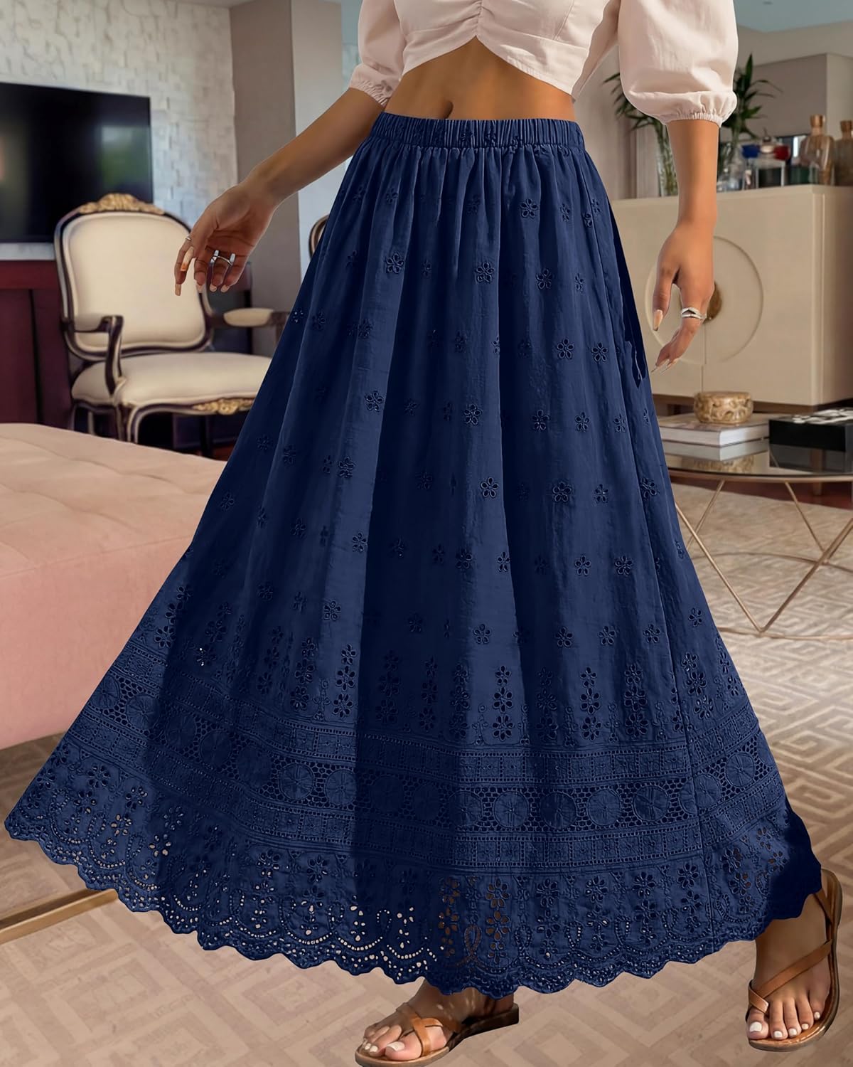Falda Dowerme Donna – Falda Maxi Boho de Algodón con Bordados Sangallo