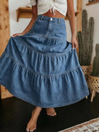 Jupe maxi Verna pour femme en denim – Jupe longue en jean avec volants et poches