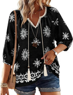 Alba Blusa Donna – Boho Floreale, Scollo V con Laccetto, Maniche 3/4 Casual