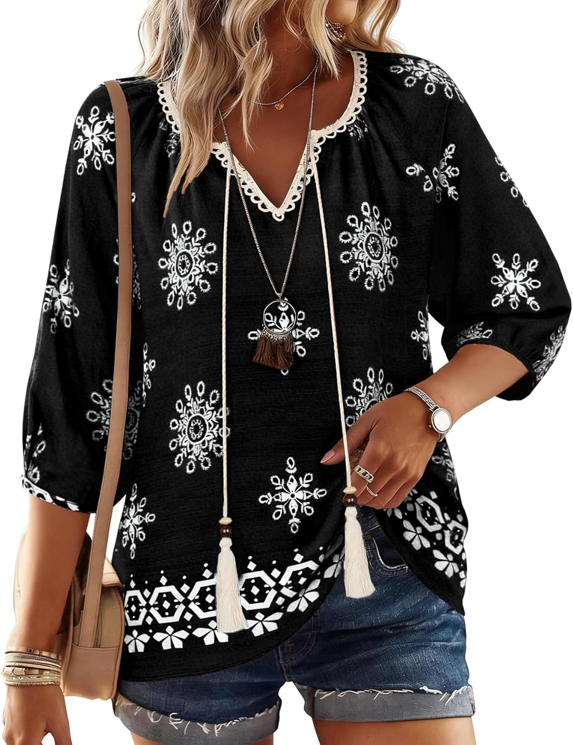 Alba Blusa Donna – Boho Floreale, Scollo V con Laccetto, Maniche 3/4 Casual