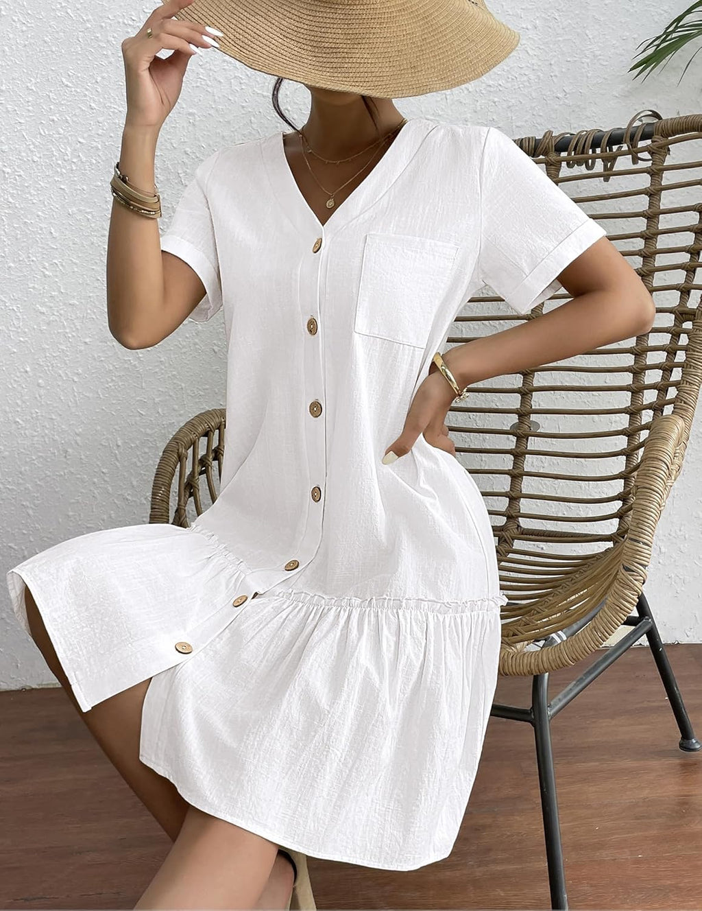 Lorenza Abito Donna – Vestito Lino Cotone, Bottoni, Volant, Casual Elegante