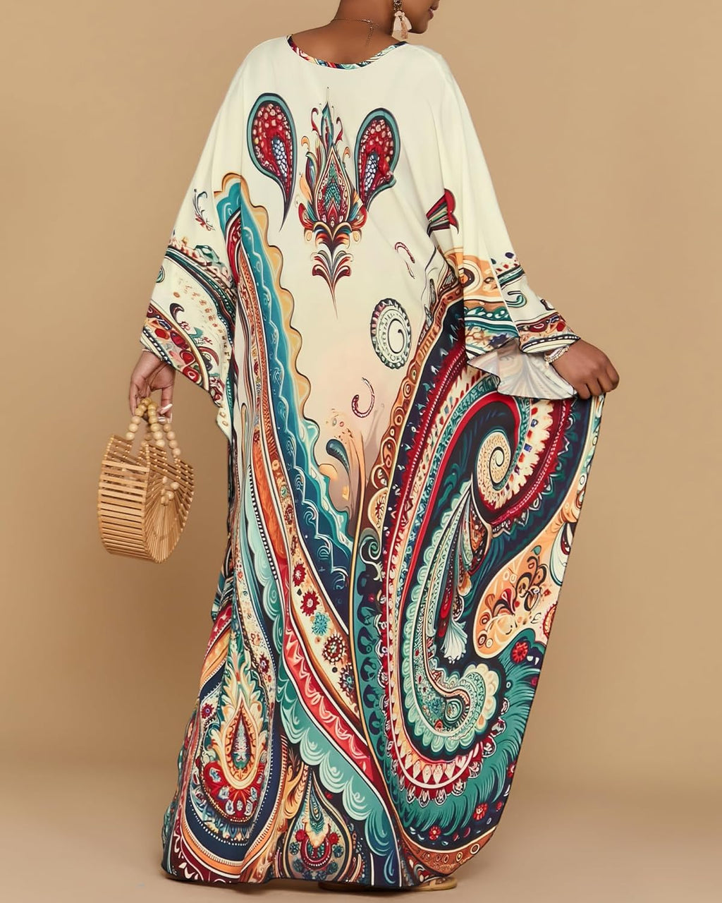 Amina Kaftano Donna Maxi – Stampa Etnica, Maniche Pipistrello, Tasche Mare