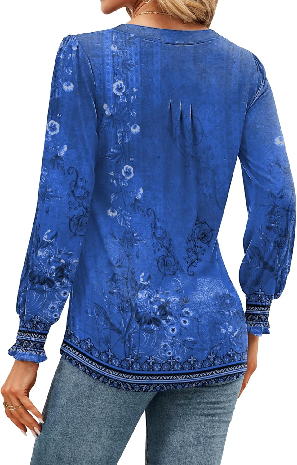 Francesca Women's Blouse – V-Neck, Puff Sleeves, Floral Casual Tunic