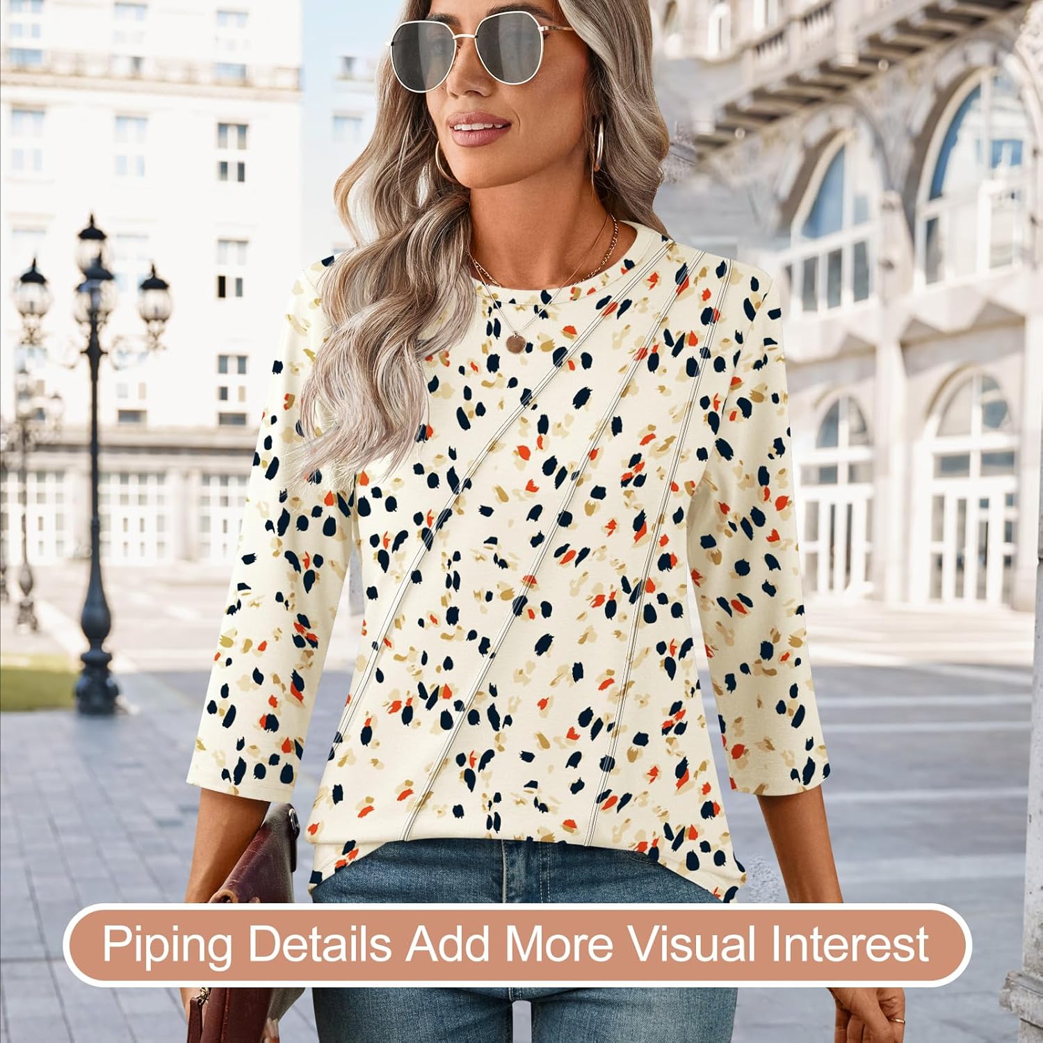 Martina Blusa Mujer – Cuello en V, Mangas 3/4, Túnica Floral Plisada Elegante