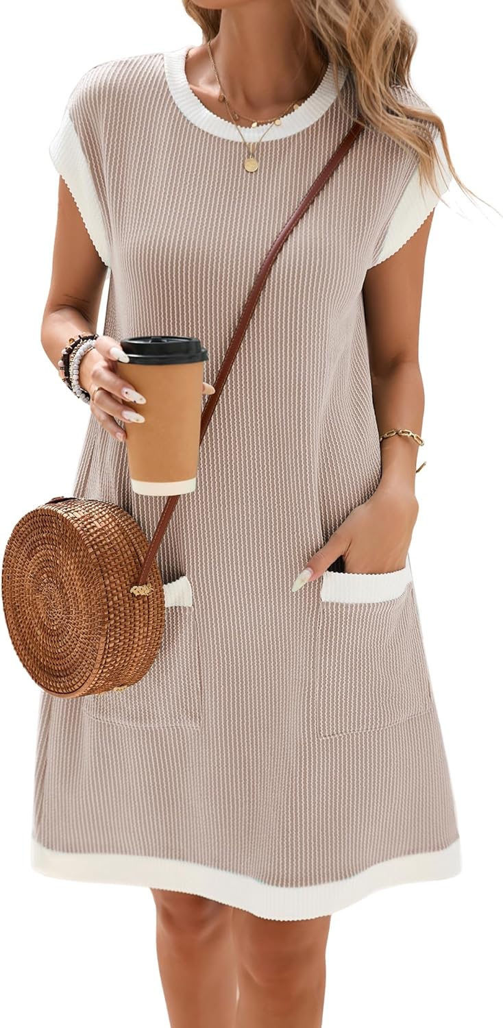Sage Women's Dress – Short Color Block Dress, Short Sleeves, Casual Pockets