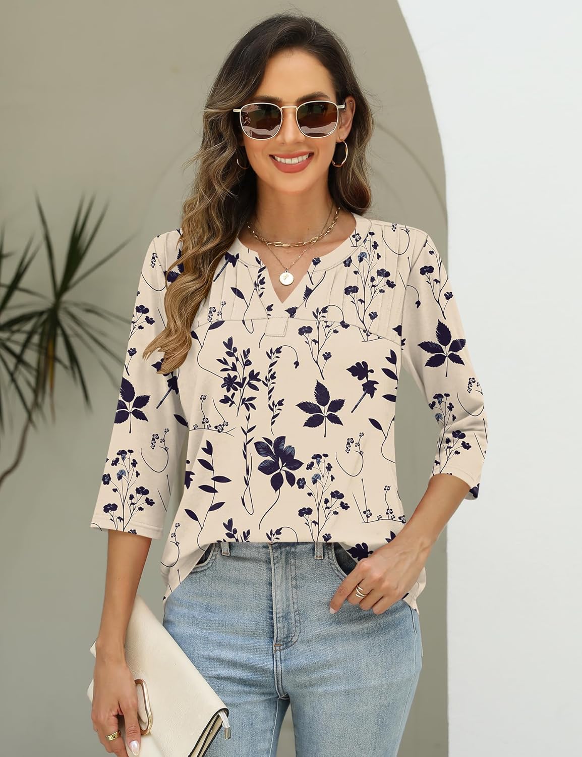 Sofia Women's Blouse – V-Neck, 3/4 Sleeves, Pleated Elegant Casual Tunic
