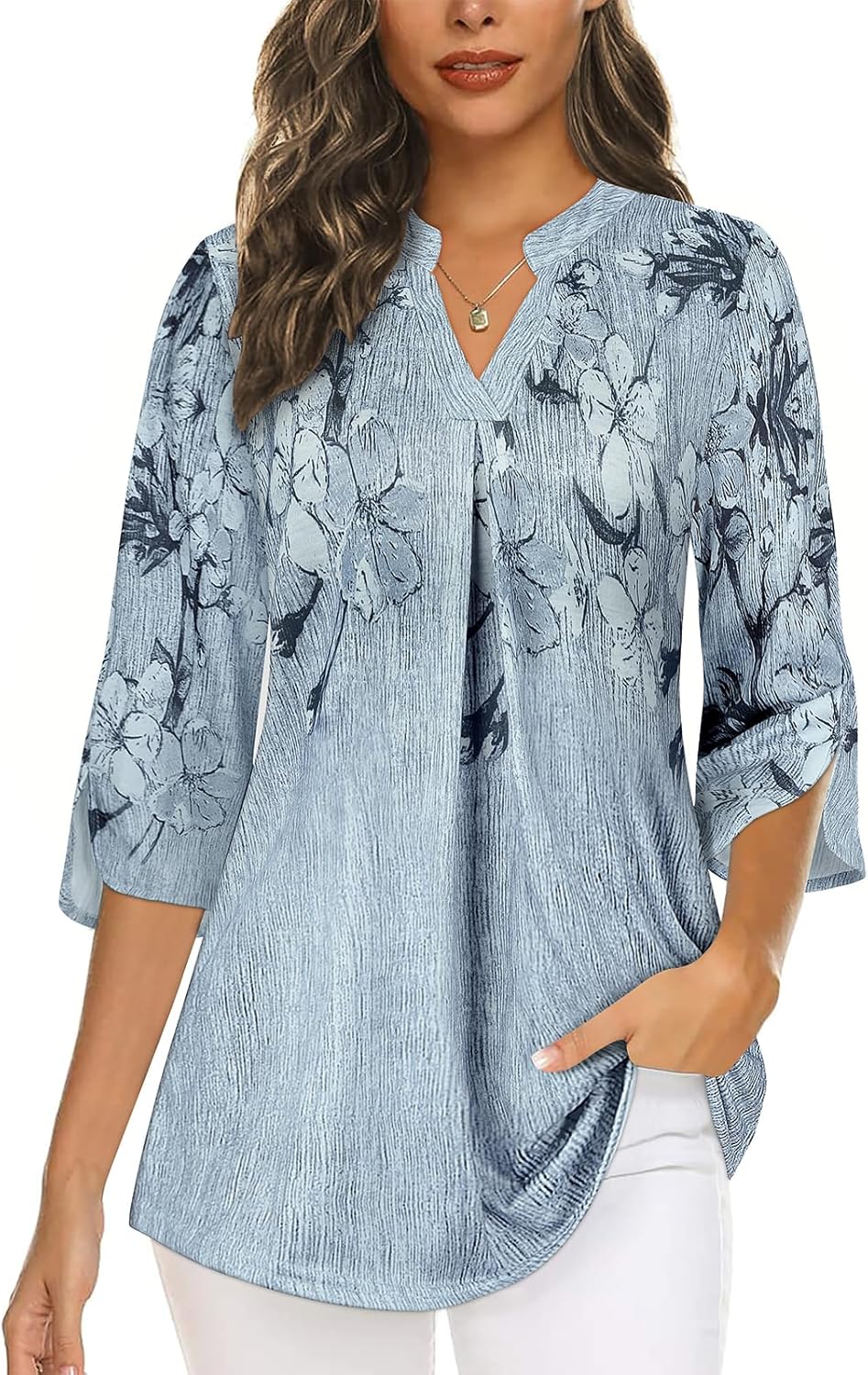 Martina Blusa Donna – Scollo V, Maniche 3/4, Tunica Floreale Plissettata Elegante