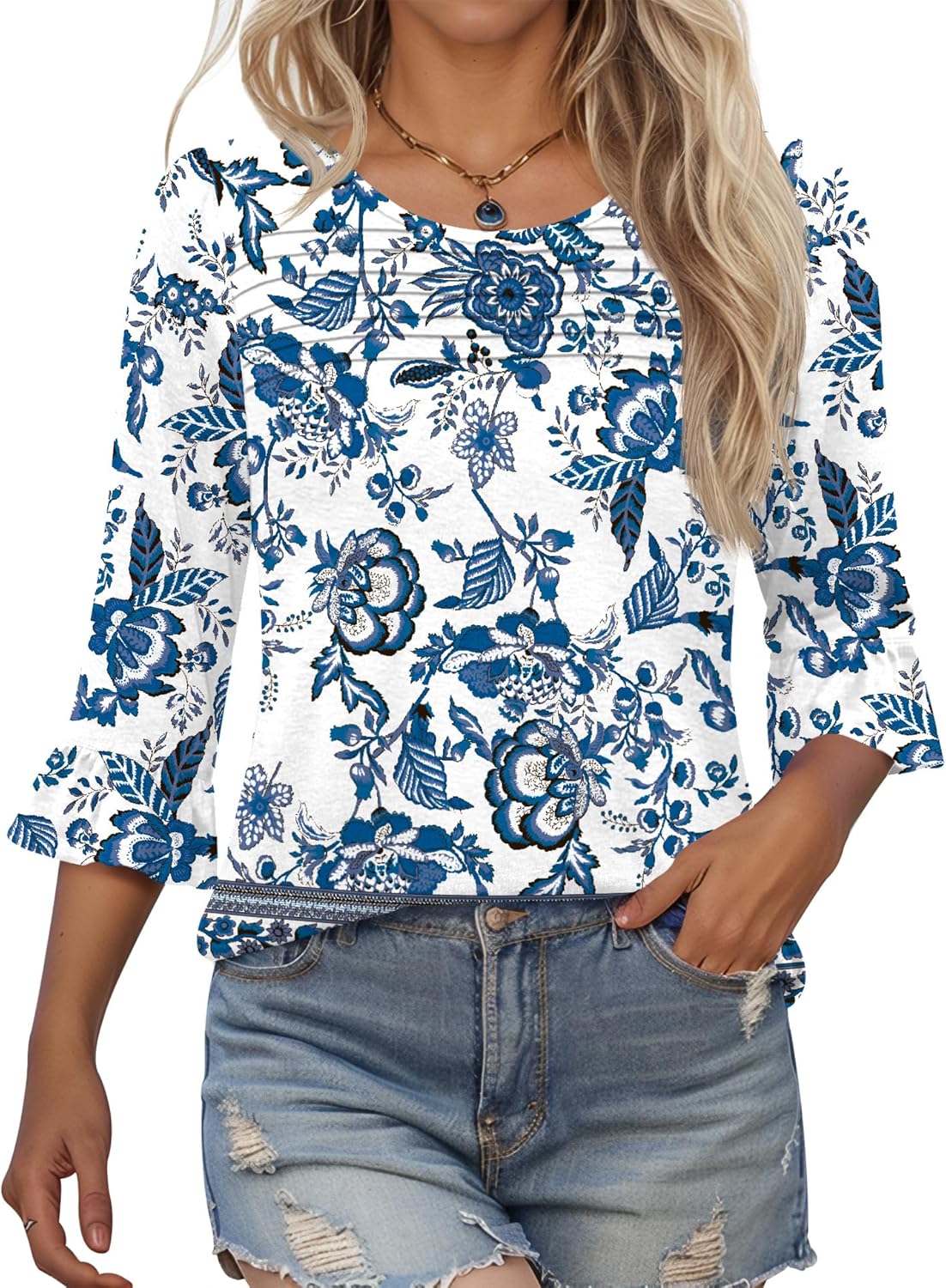 Francesca Tunica Donna – Girocollo, Maniche 3/4 Volant, Blusa Plissettata Casual