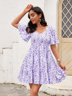 Robe Femme Martina Florale – Col V Smock, Manches Volantées, Ligne A Estivale