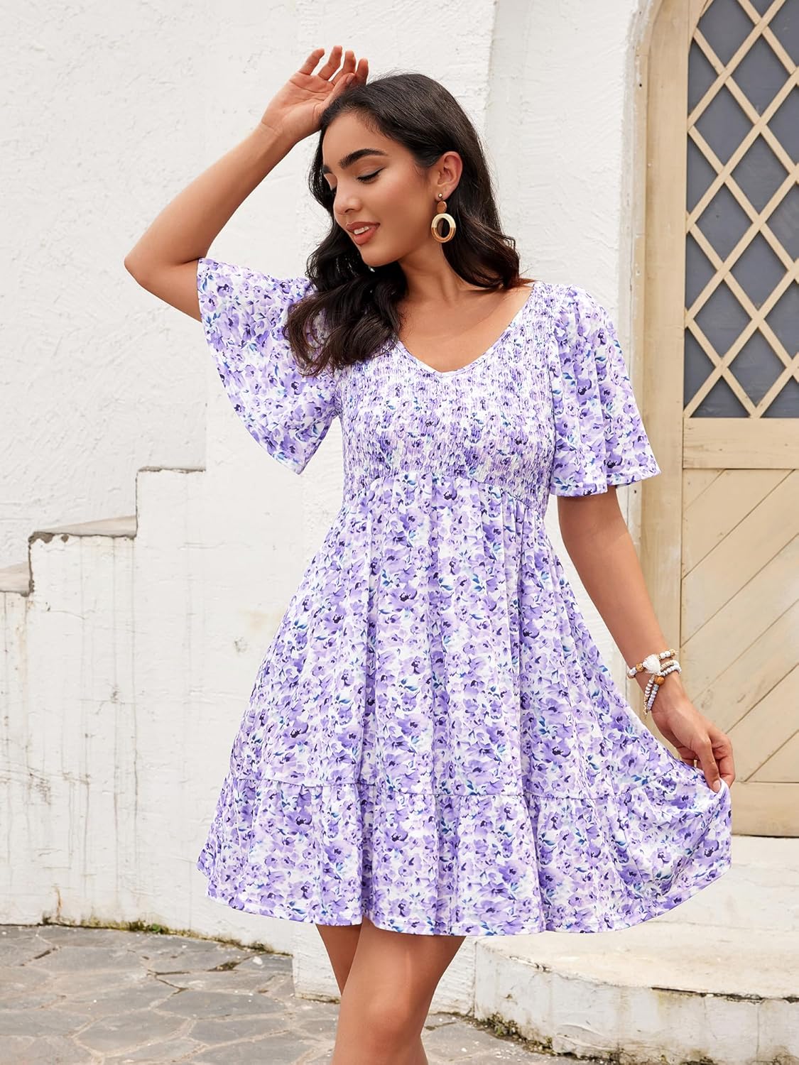 Robe Femme Martina Florale – Col V Smock, Manches Volantées, Ligne A Estivale