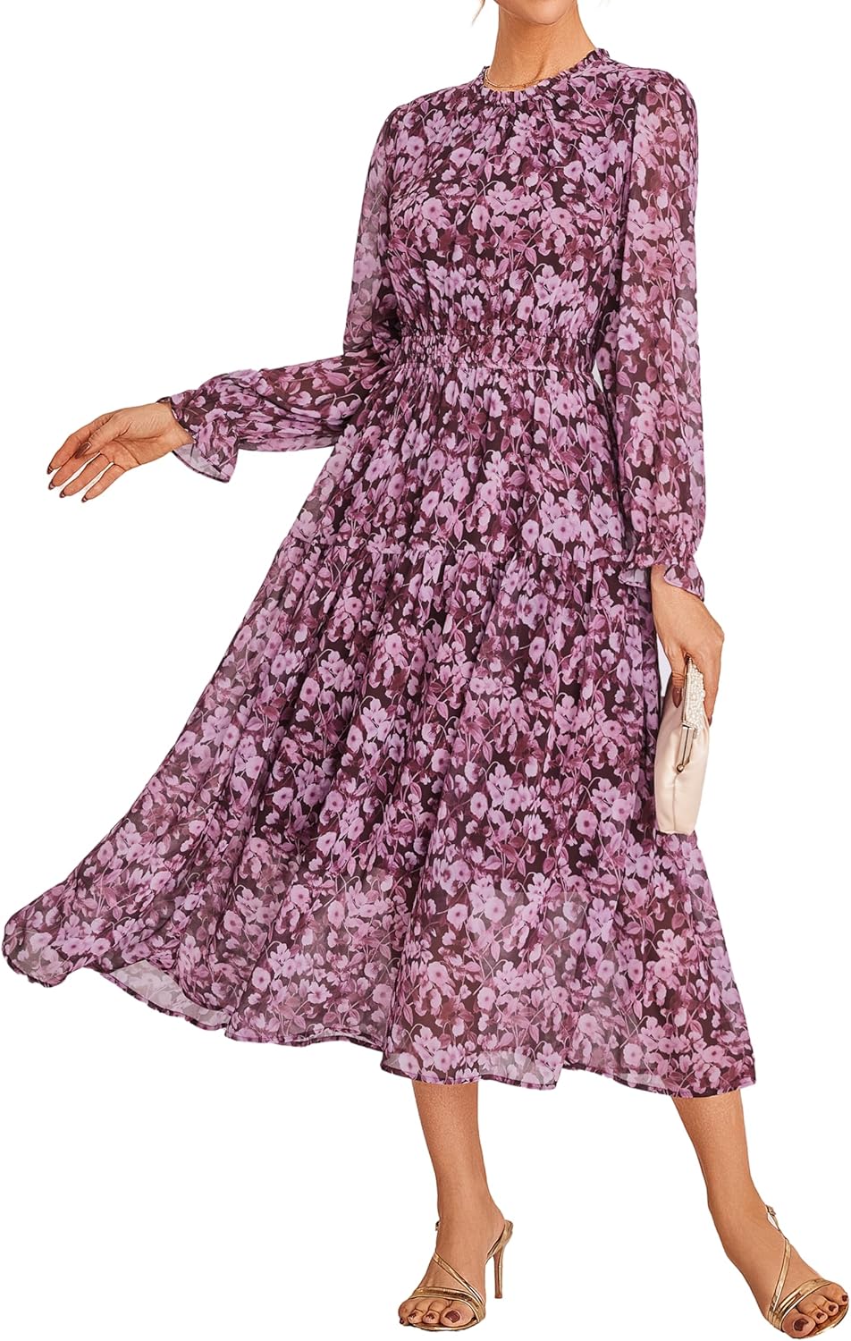 Chiara Women's Maxi Chiffon Dress – Elegant Floral Long Sleeve Dress