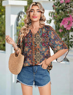 Sofia Blusa Donna – Boho Floreale, Scollo V, Maniche 3/4, Tunica Casual