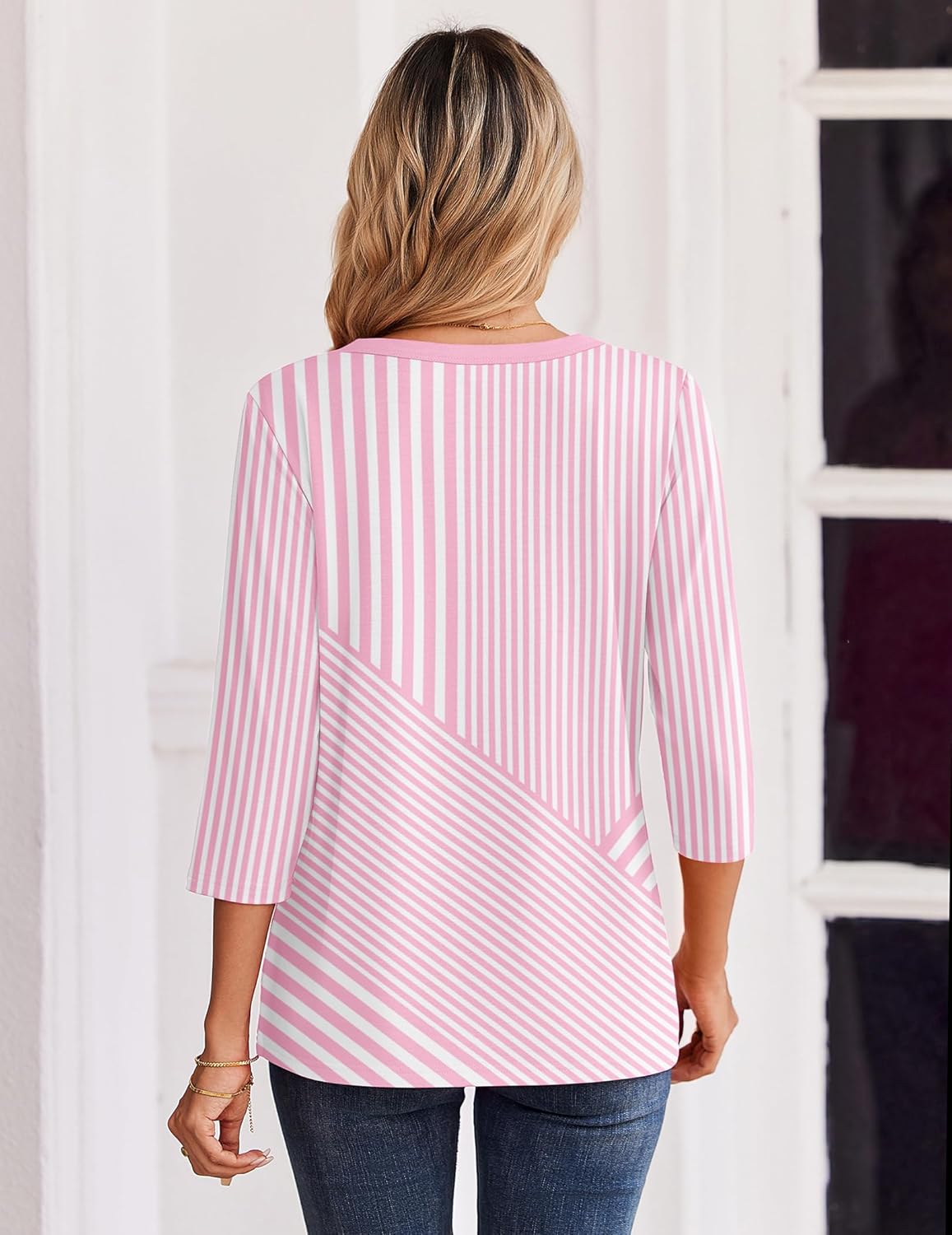 Blusa Elena para mujer – Mangas 3/4, escote henley, top casual elegante para trabajo