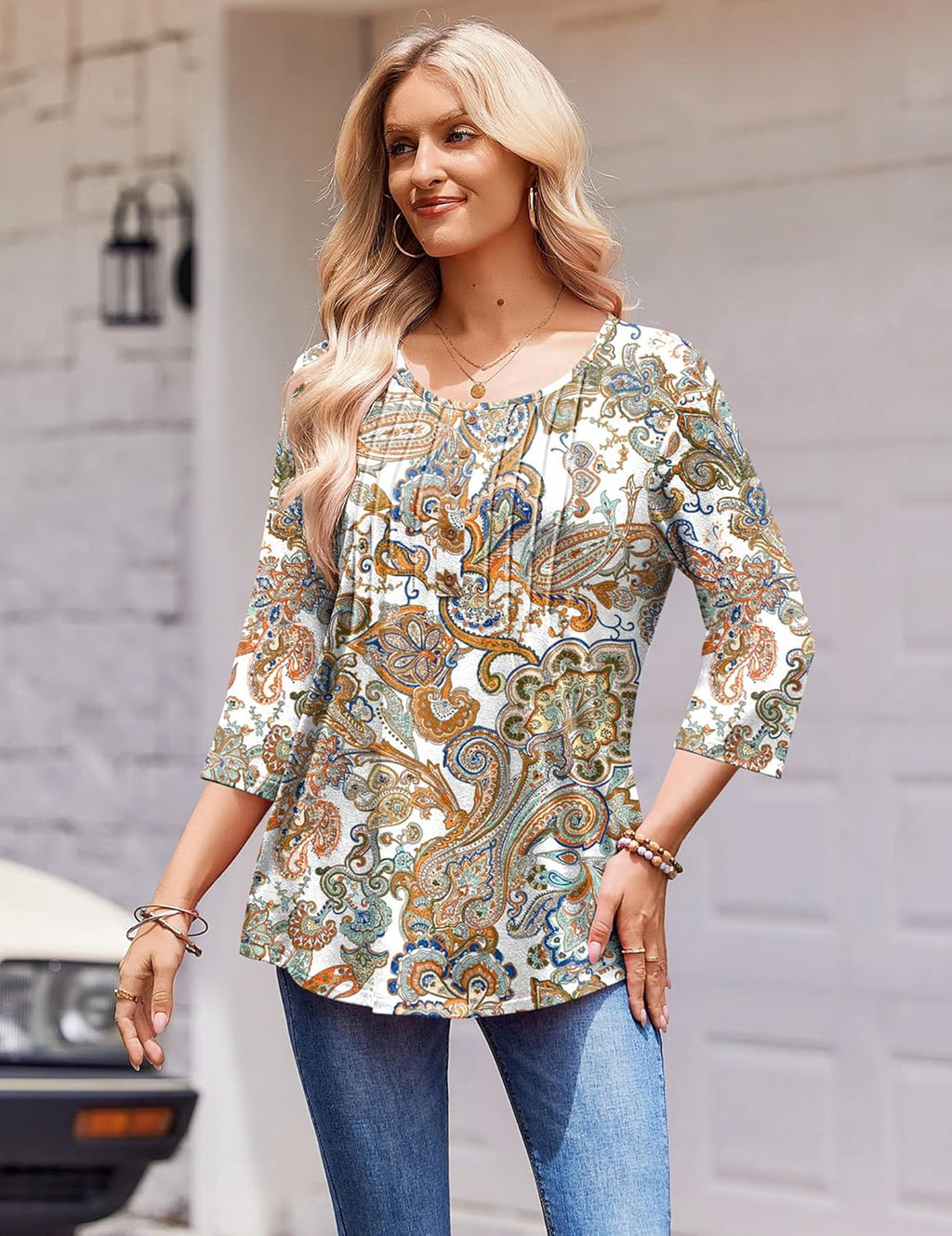 Elisa Maglia Donna – Maniche 3/4, Girocollo, Plissé Frontale, Tunica Casual